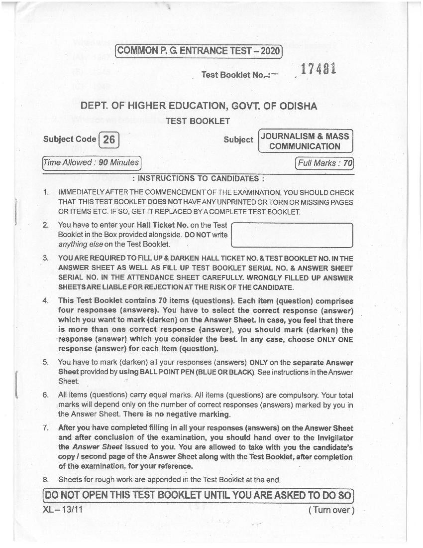 Odisha CPET 2021 Question Paper Journalism and Mass Communication - Page 1