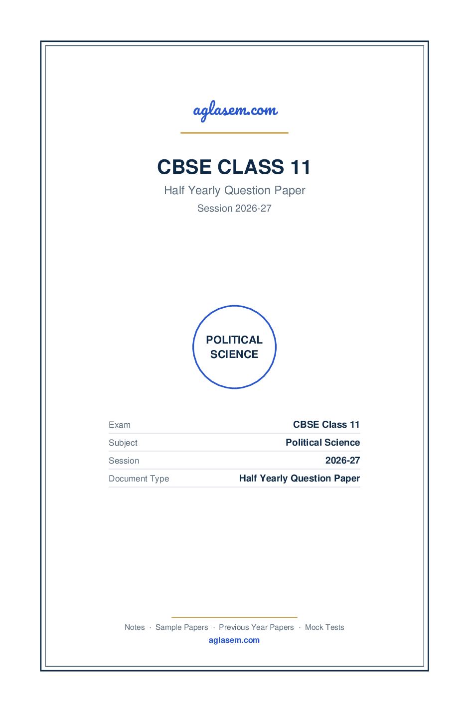 Class 11 Half Yearly Question Paper 2026-27 Political Science - Page 1 of 7