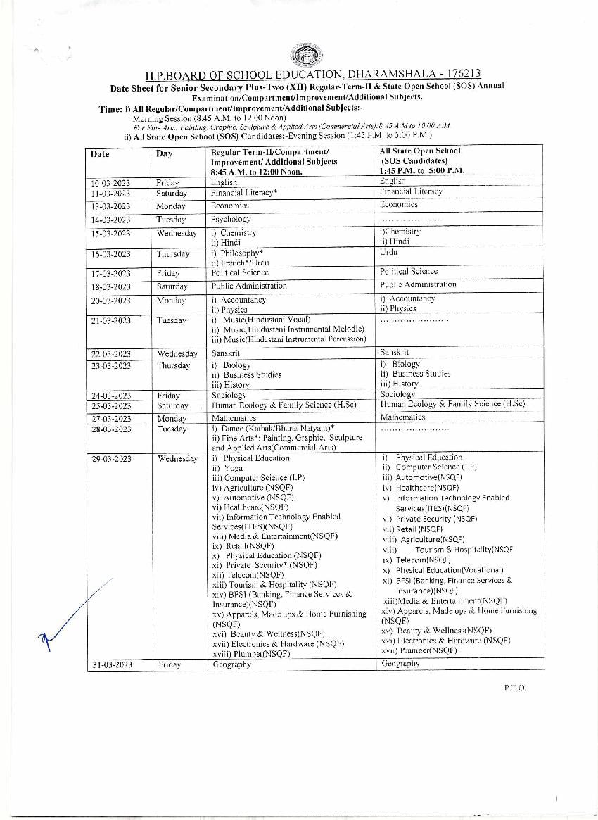 HP Board 12th Date Sheet 2023 (Updated) - Page 1