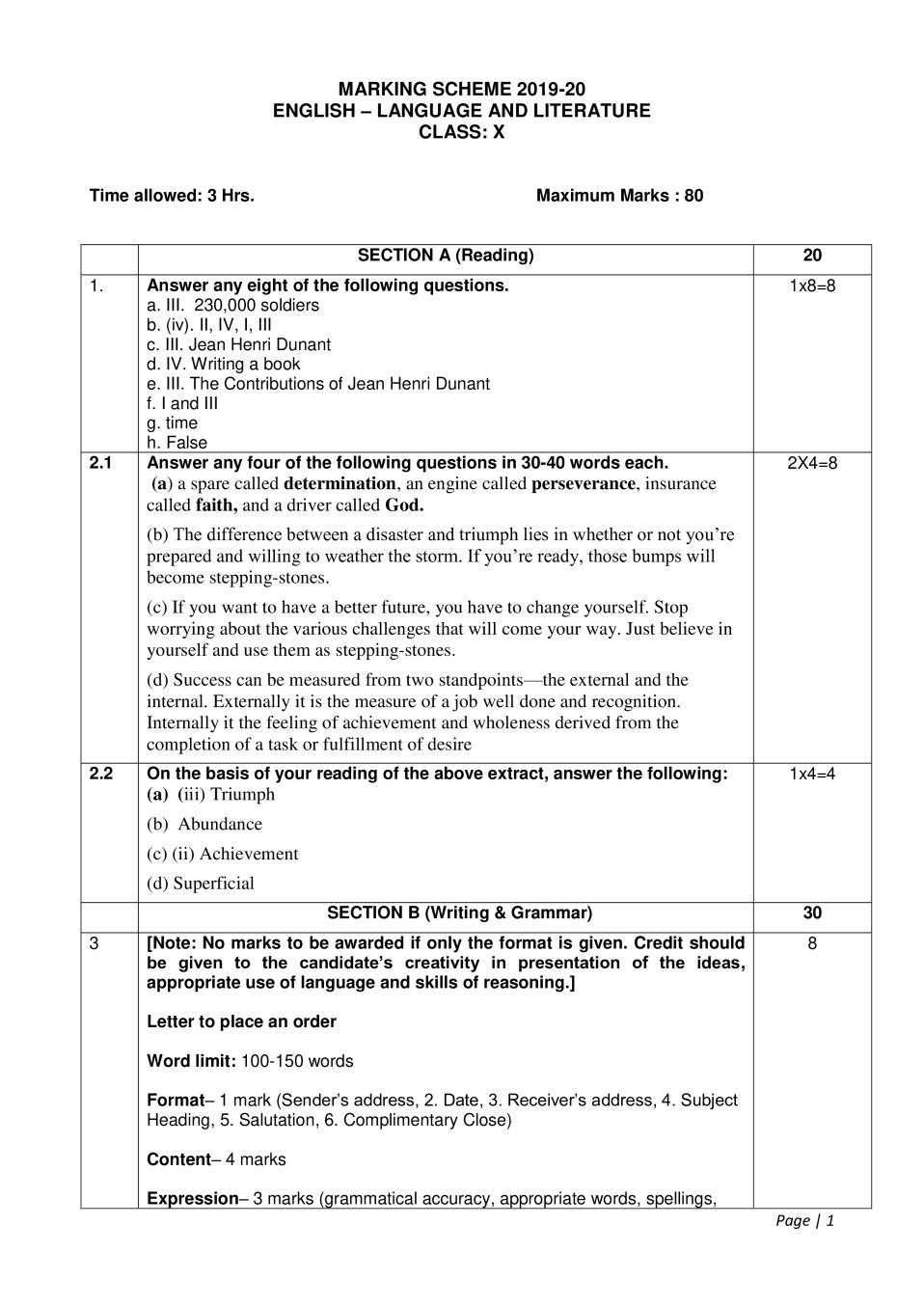 CBSE Class 10 Marking Scheme 2020 for English (Language & Literature) - Page 1