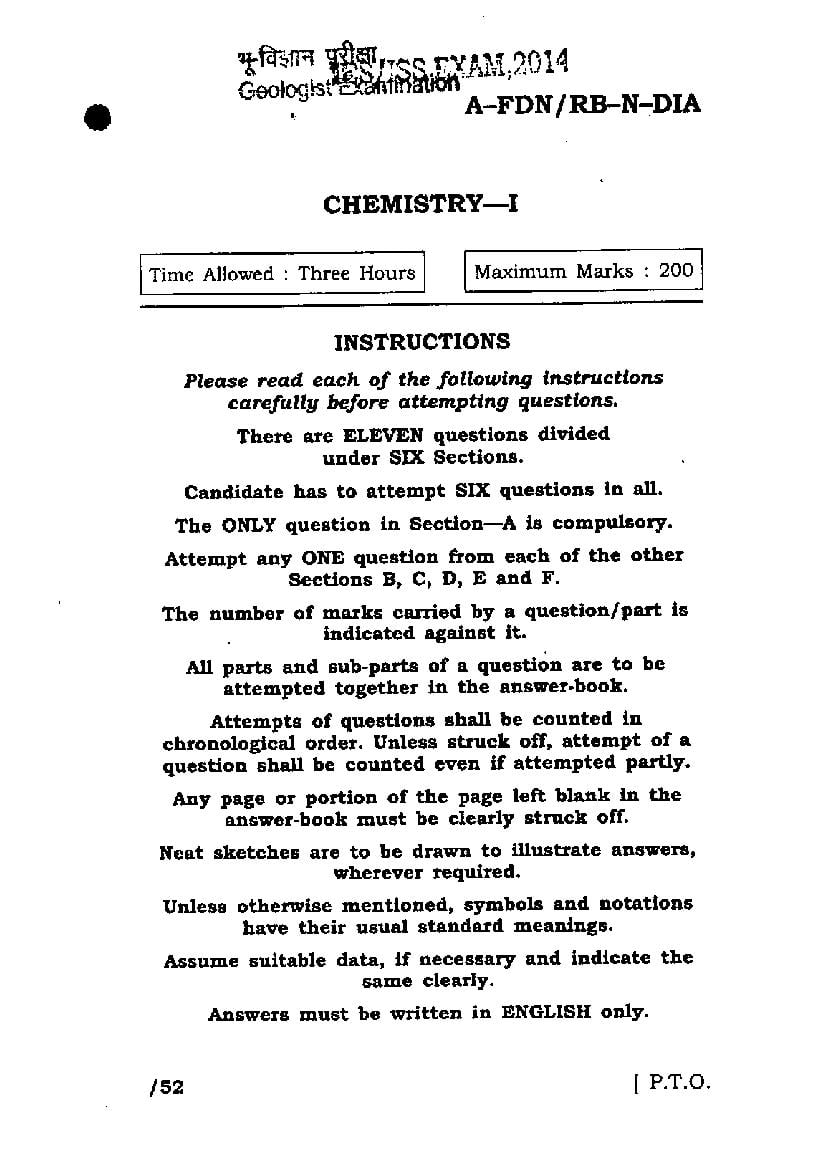 UPSC CGGE 2014 Question Paper Chemistry Paper I - Page 1