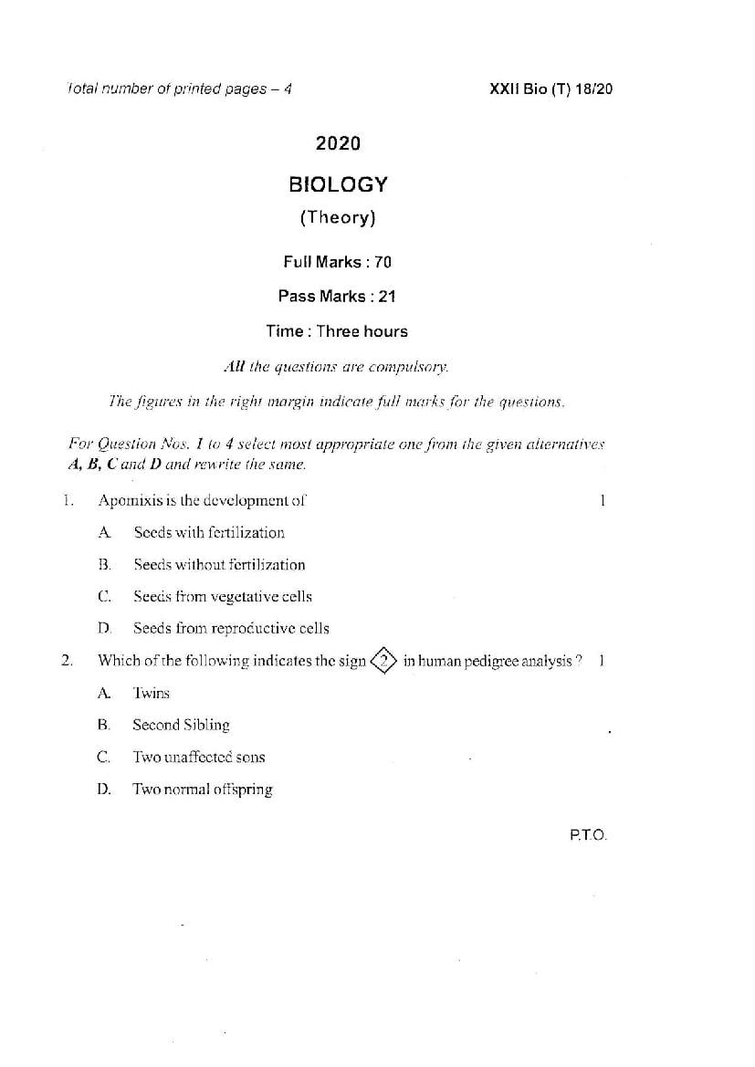 Manipur Board Class 12 Question Paper 2020 for Biology - Page 1