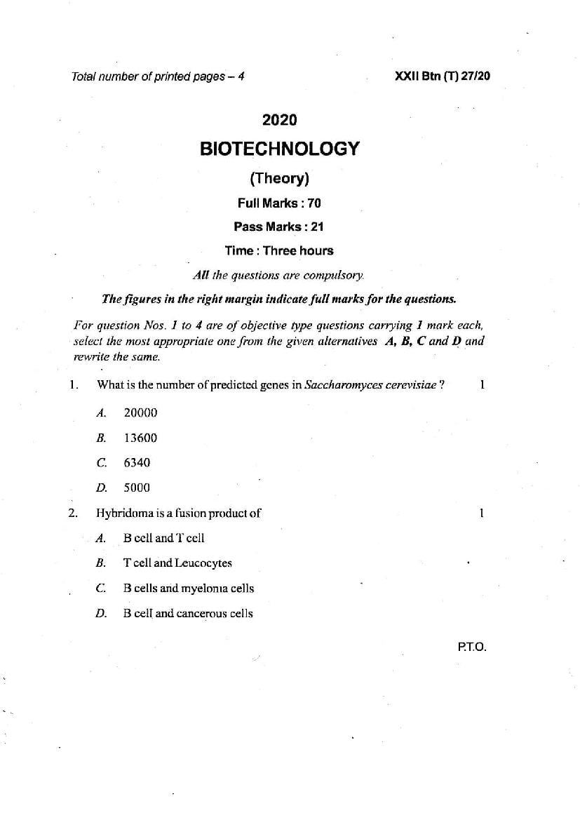 Manipur Board Class 12 Question Paper 2020 for Biotechnology - Page 1