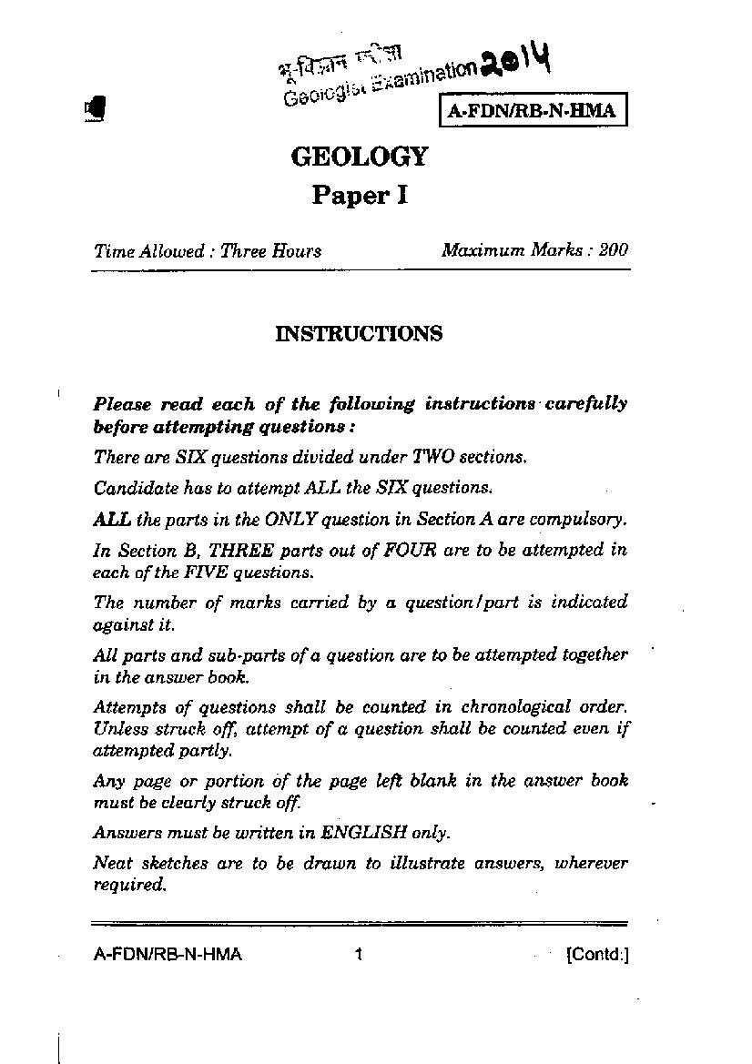 UPSC CGGE 2014 Question Paper Geology Paper I - Page 1