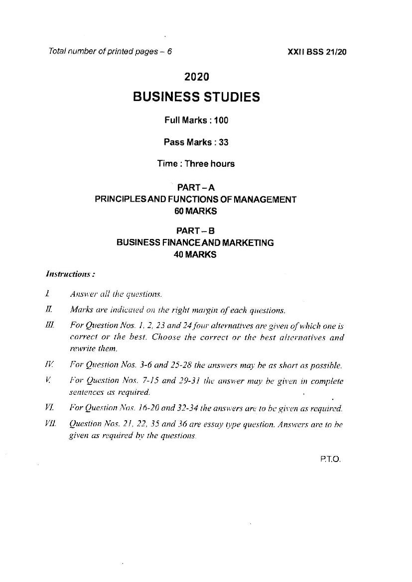 Manipur Board Class 12 Question Paper 2020 for Business Studies - Page 1
