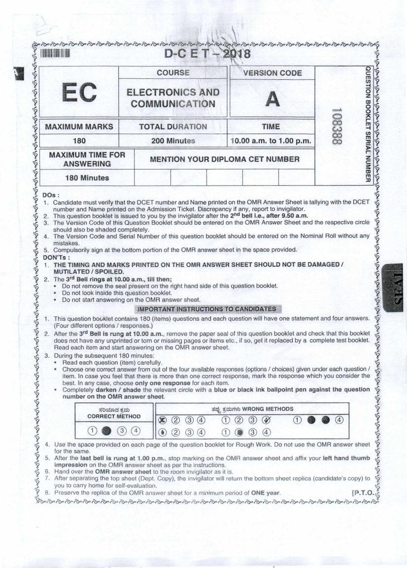 Karnataka Diploma CET 2018 Question Paper Electronics and Communication Engineering - Page 1