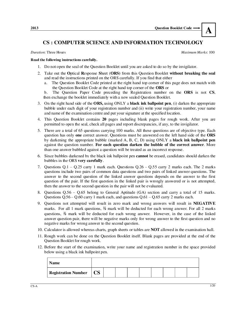 GATE 2013 Question Paper for CS - Computer Science - Page 1