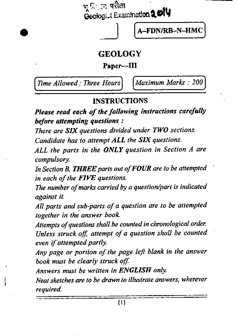 UPSC CGGE 2014 Question Paper Geology Paper III - Page 1