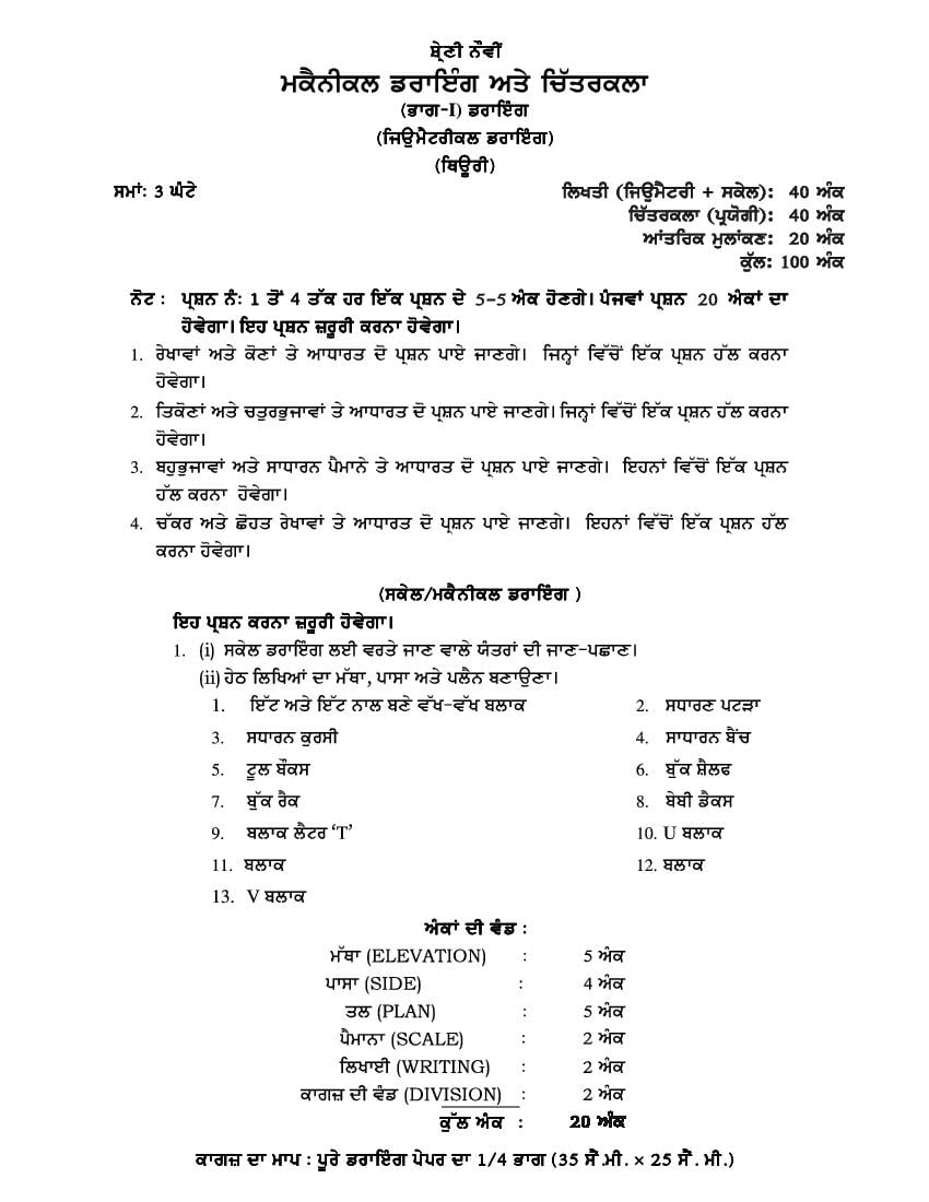 PSEB Class 9 Geometrical Drawing and Chittarkala Syllabus (PDF)