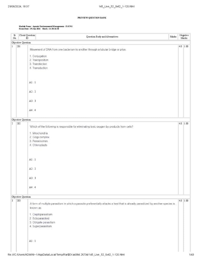 ICAR AICE JRF SRF (Ph.D) 2024 Question Paper Aquatic Environmental Management - Page 1 of 43