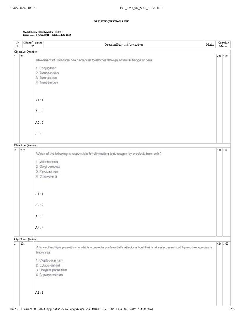 ICAR AICE JRF SRF (Ph.D) 2024 Question Paper Biochemistry - Page 1 of 52