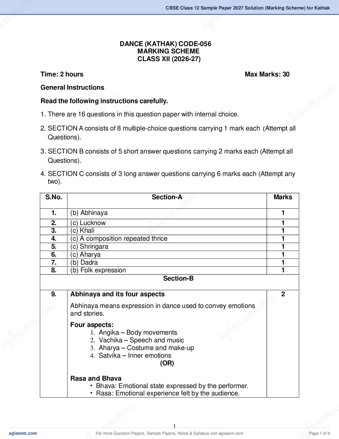 CBSE Class 12 Sample Paper 2027 Solution (Marking Scheme) for Kathak - Page 1 of 4