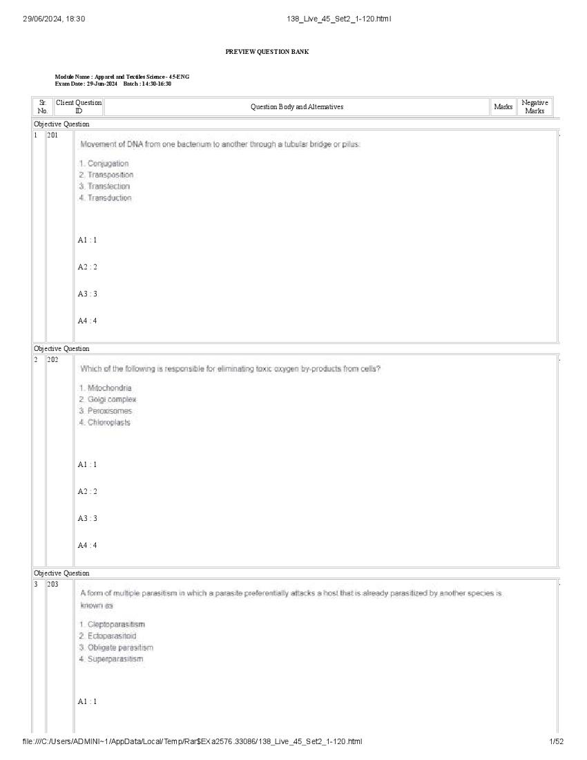 ICAR AICE JRF SRF (Ph.D) 2024 Question Paper Apparel And Textiles Science - Page 1 of 52