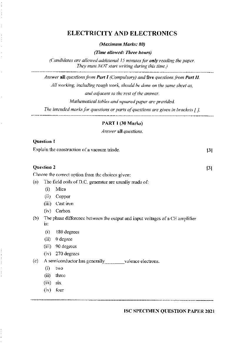 ISC Class 12 Specimen Paper 2021 Electricity and Electronics - Page 1 of 5