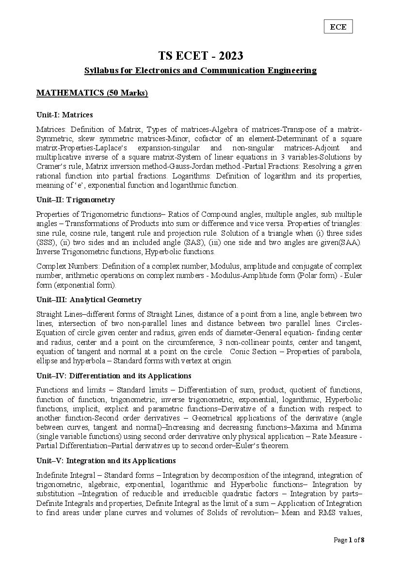 TS ECET 2023 Syllabus Electronics and Communiaction Engineering - Page 1