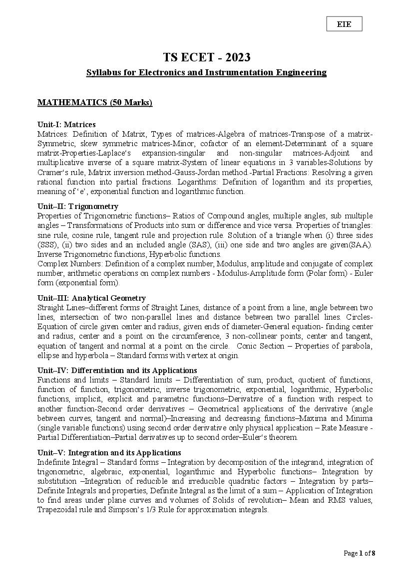 TS ECET 2023 Syllabus Electronics and Instrumentation Engineering - Page 1