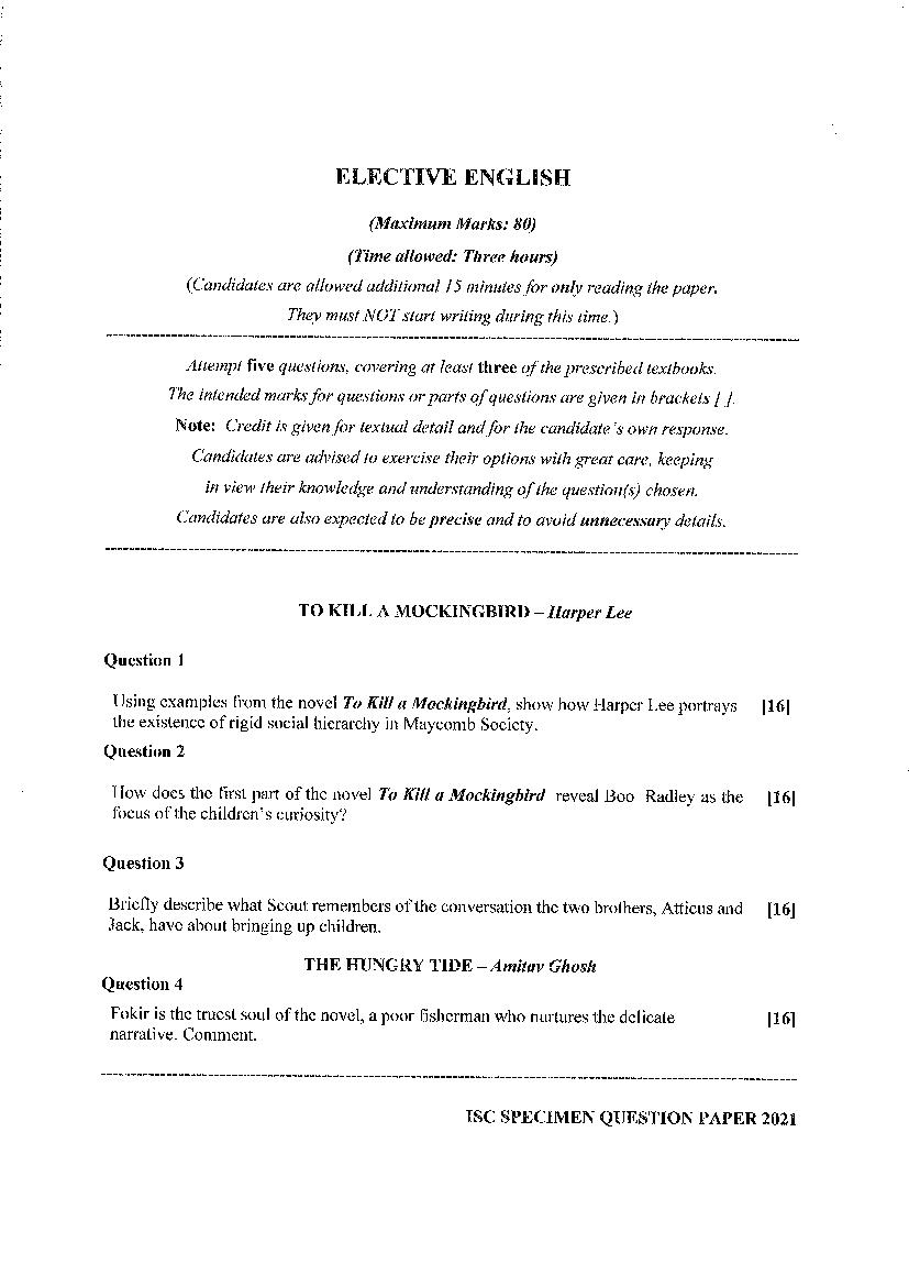 ISC Class 12 Specimen Paper 2021 English Elective - Page 1 of 3