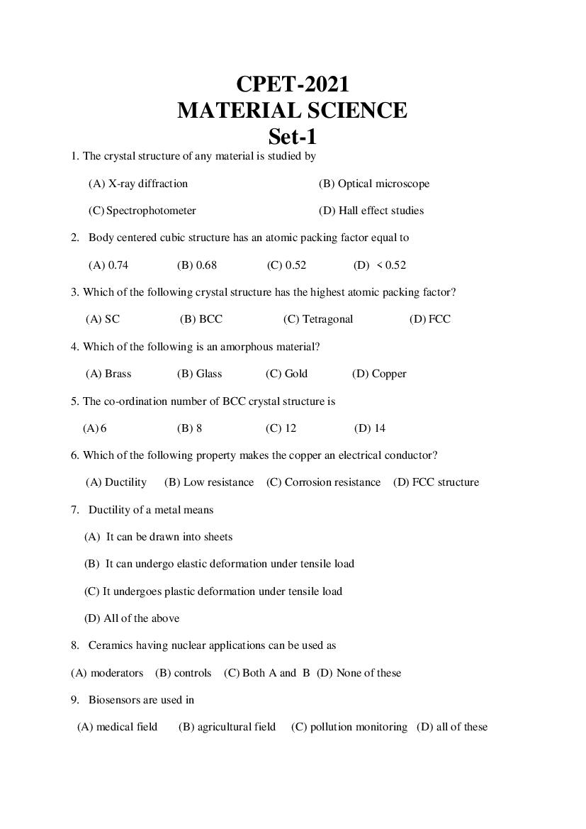 Odisha CPET 2021 Question Paper Material Science - Page 1