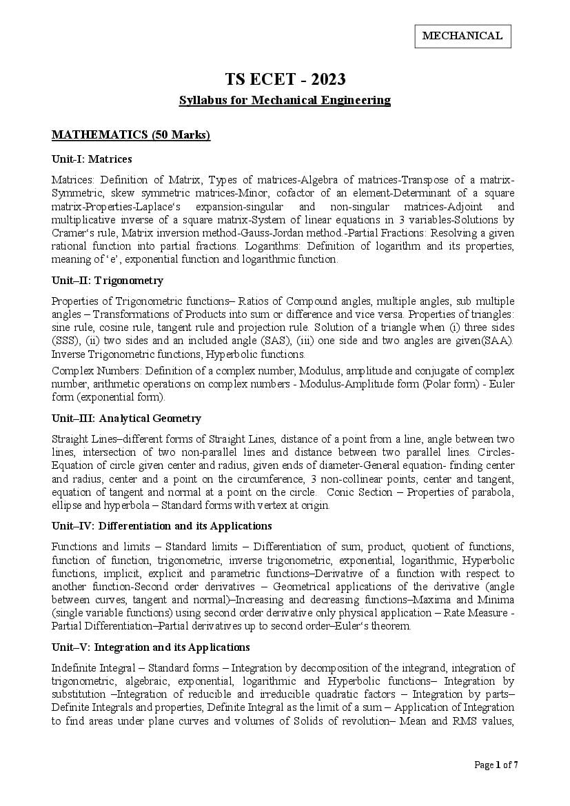 TS ECET 2023 Syllabus Mechanical Engineering - Page 1