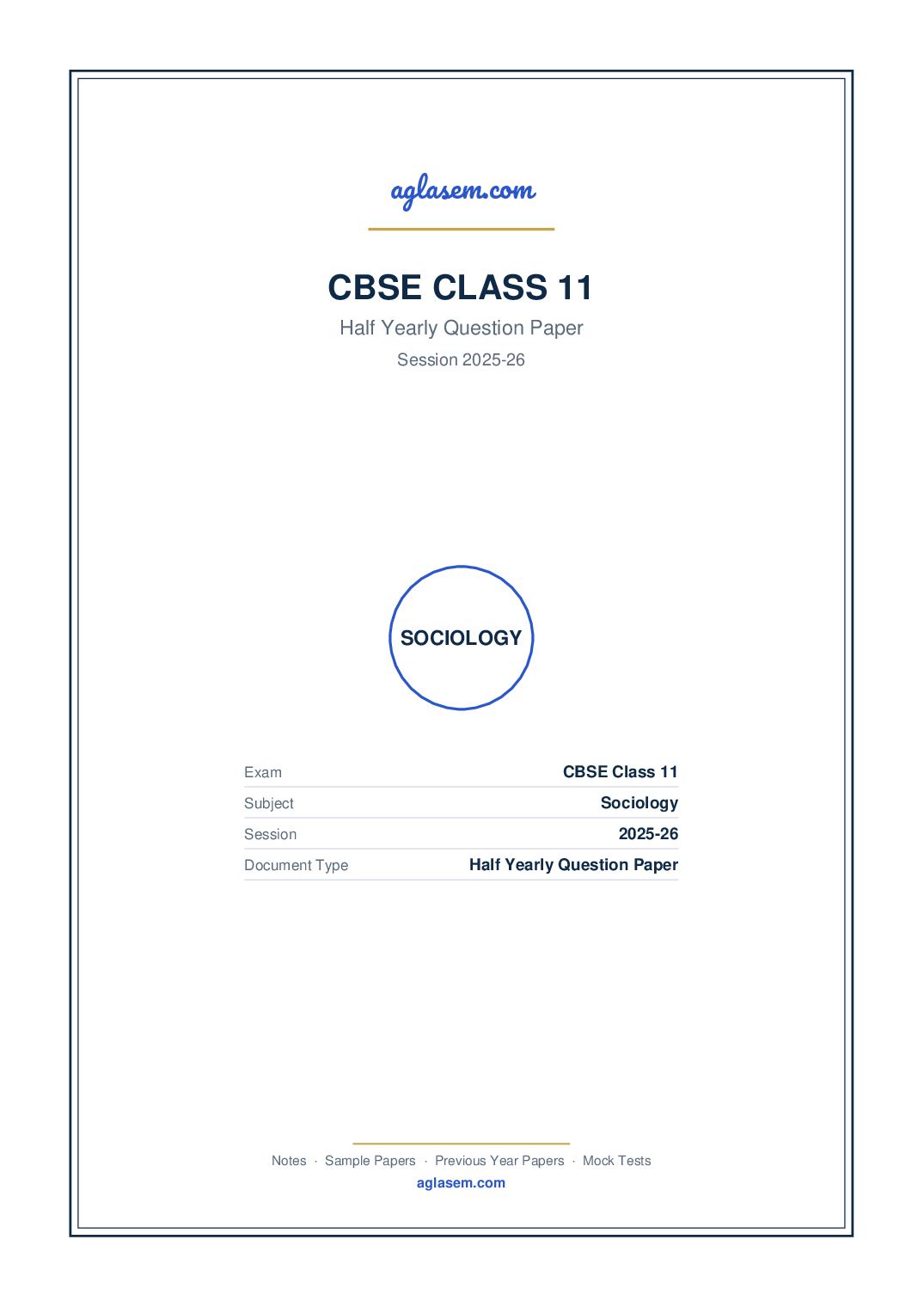 Class 11 Half Yearly Question Paper 2025-26 Sociology - Page 1 of 5