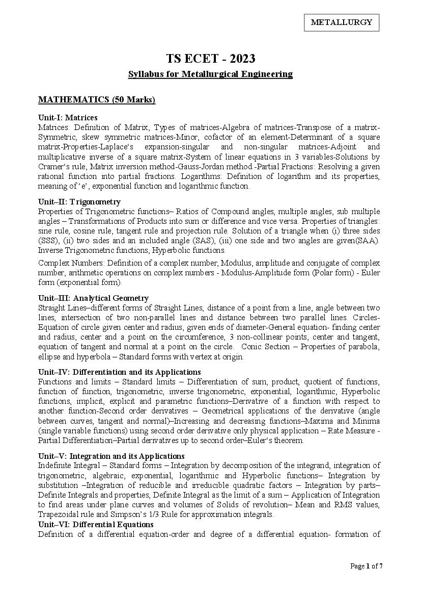 TS ECET 2023 Syllabus Metallurgical Engineering - Page 1
