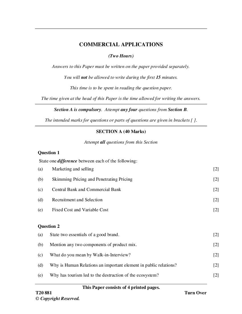 ICSE Class 10 Question Paper 2020 for Commercial Applications - Page 1