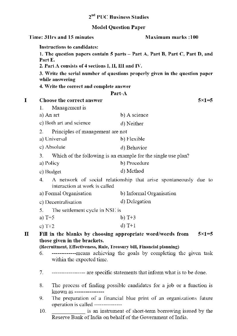 Karnataka 2nd PUC Business Studies Model Question Paper 2023 PDF 