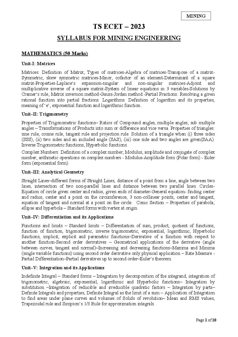 TS ECET 2023 Syllabus Mining Engineering - Page 1