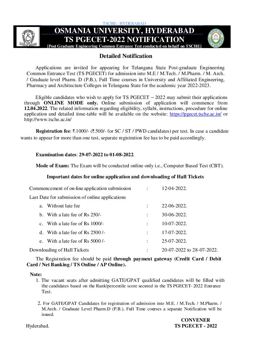 TS PGECET 2022 Detailed Notification - Page 1