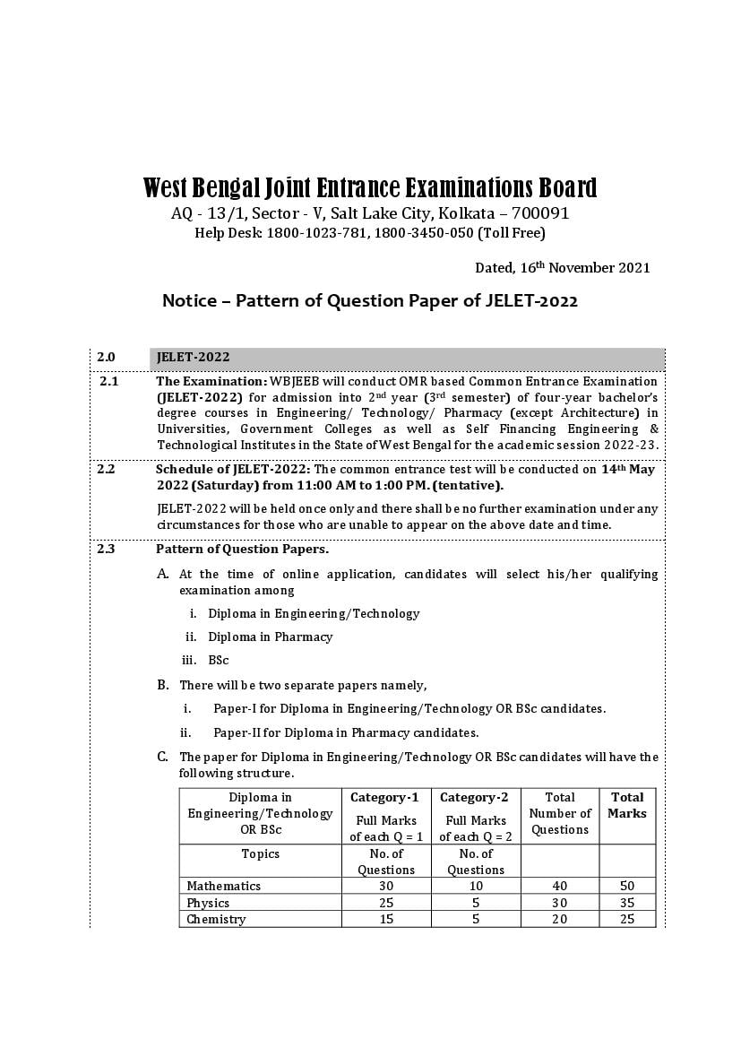 WBJEE JELET 2022 Question Paper Pattern and Syllabus