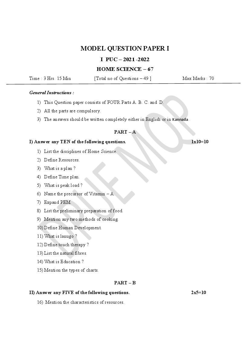 Karnataka 1st PUC Model Question Paper 2022 for Home Science - Page 1