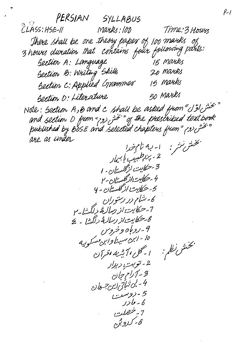 JKBOSE Class 12 Model Question Paper for Persian - Page 1