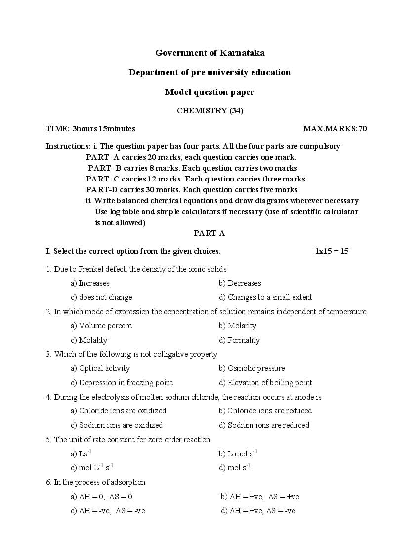 Karnataka 2nd PUC Chemistry Question Paper 2023 (PDF)