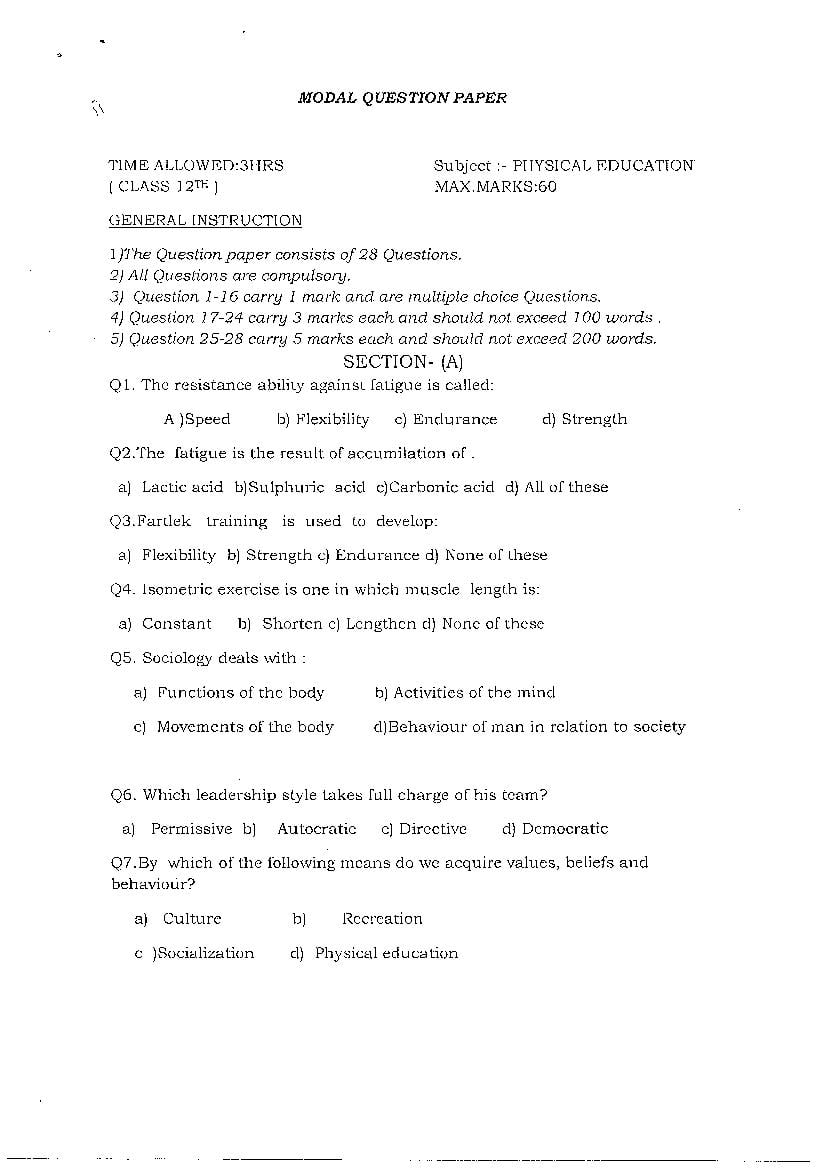 JKBOSE Class 12 Model Question Paper 2021 for Physical Education - Page 1