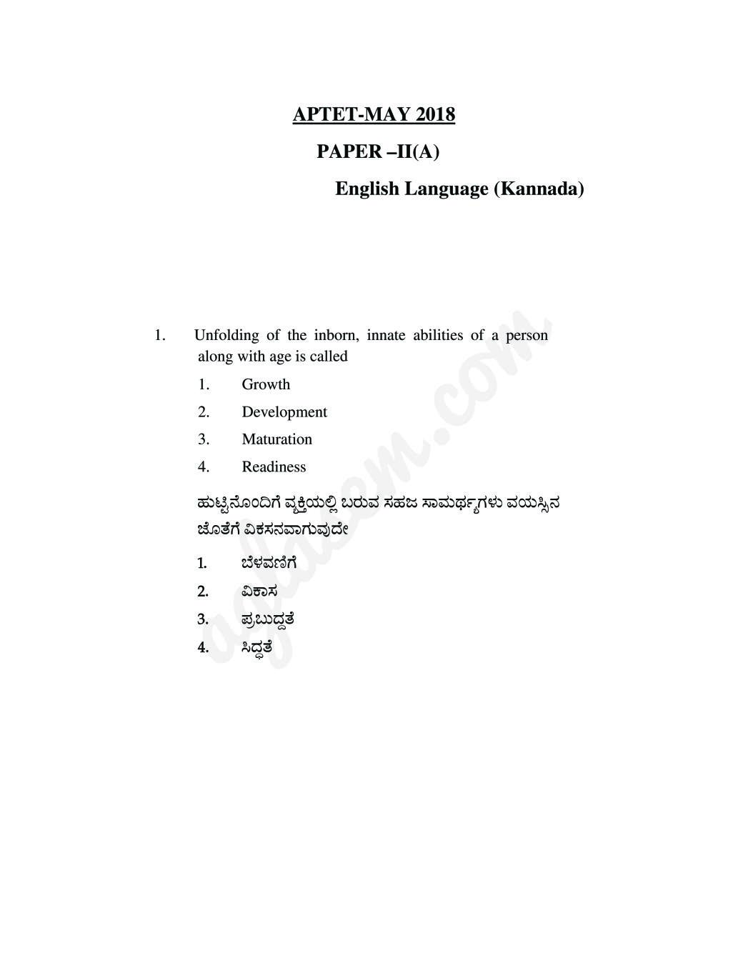 APTET Question Paper with Answers 18 Jun 2018 Paper 2 Kannada (Shift 2) - Page 1