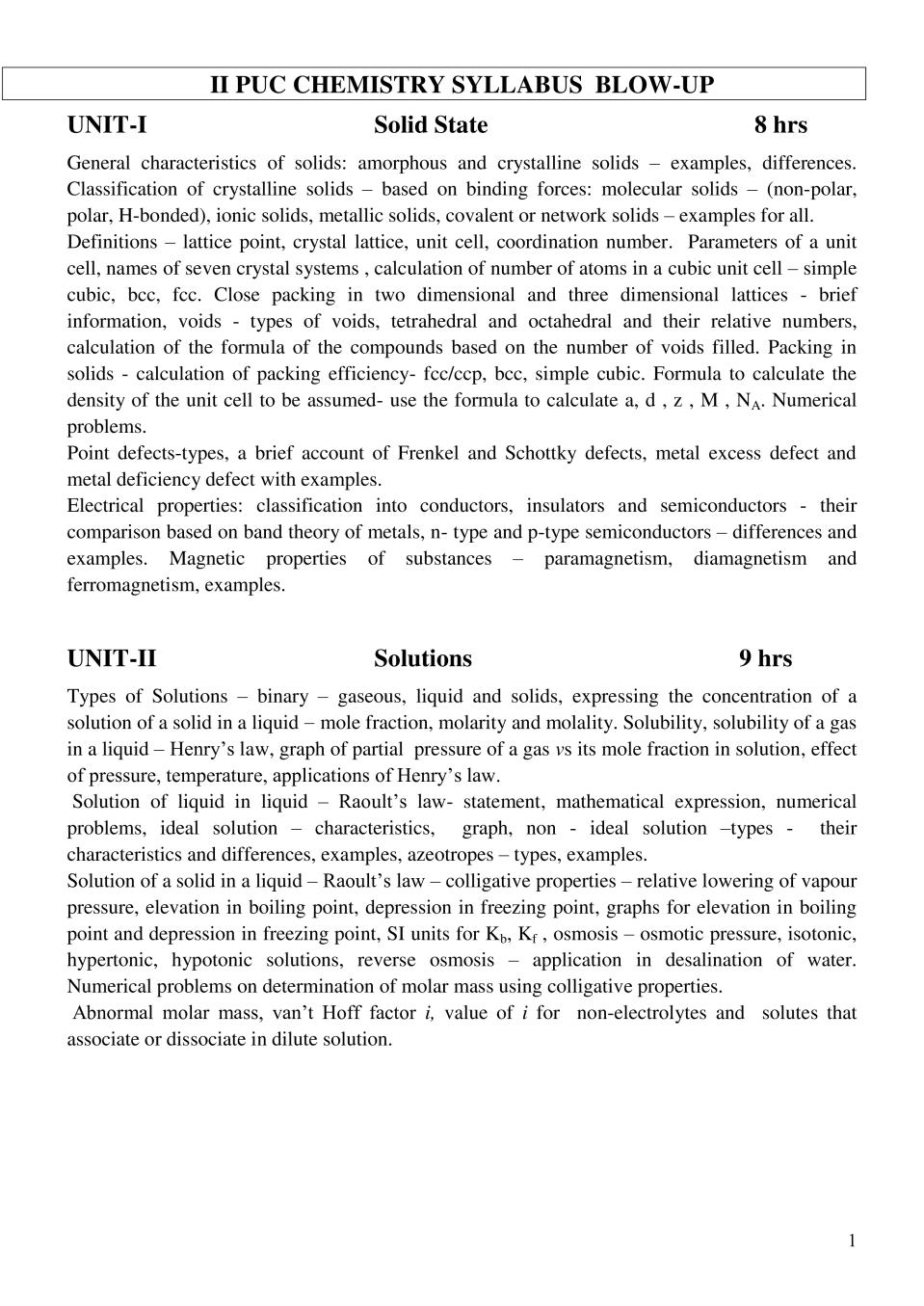 2nd PUC Syllabus for Chemistry - Page 1