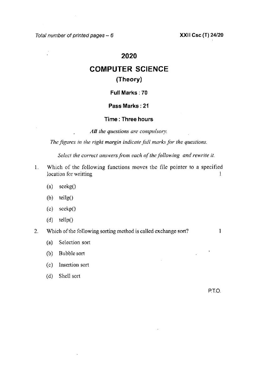 Manipur Board Class 12 Question Paper 2020 for Computer Science - Page 1