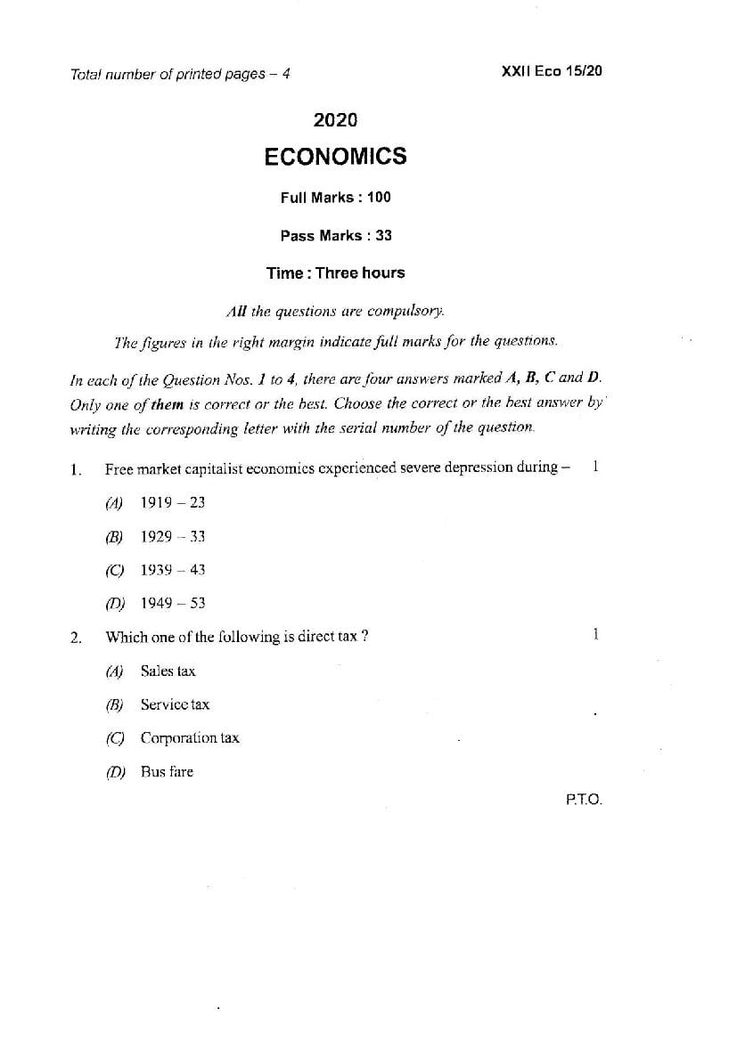 Manipur Board Class 12 Question Paper 2020 for Economics - Page 1