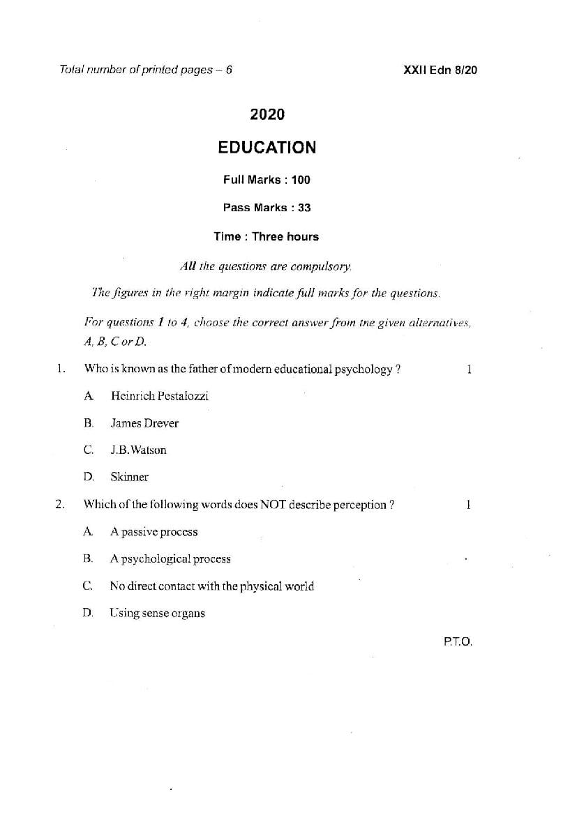 Manipur Board Class 12 Question Paper 2020 for Education - Page 1