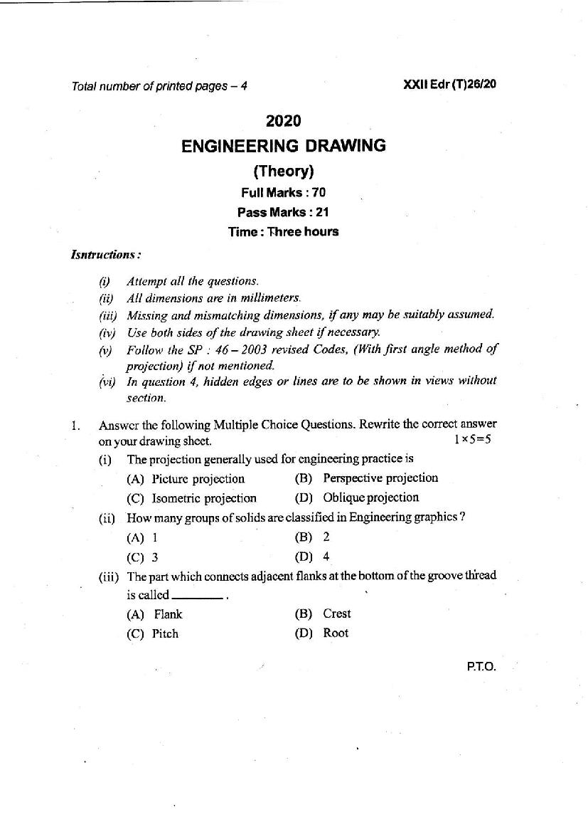 Manipur Board Class 12 Question Paper 2020 for Engineering Drawing - Page 1