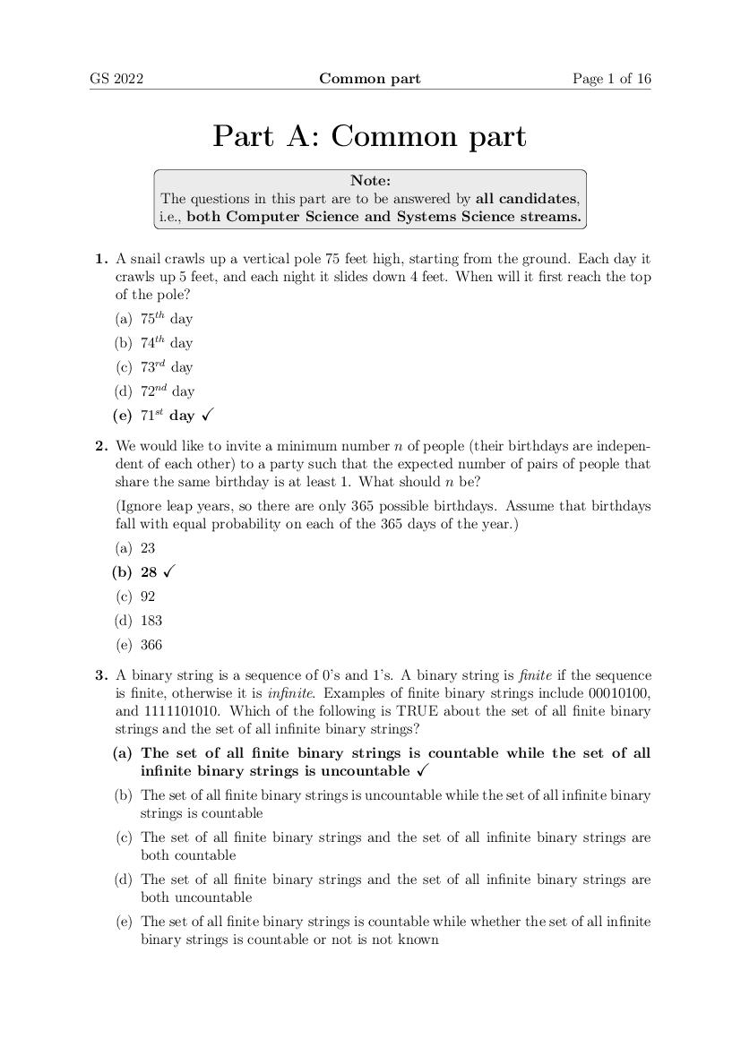 TIFR GS 2022 Question Paper Computer Sciences - Page 1