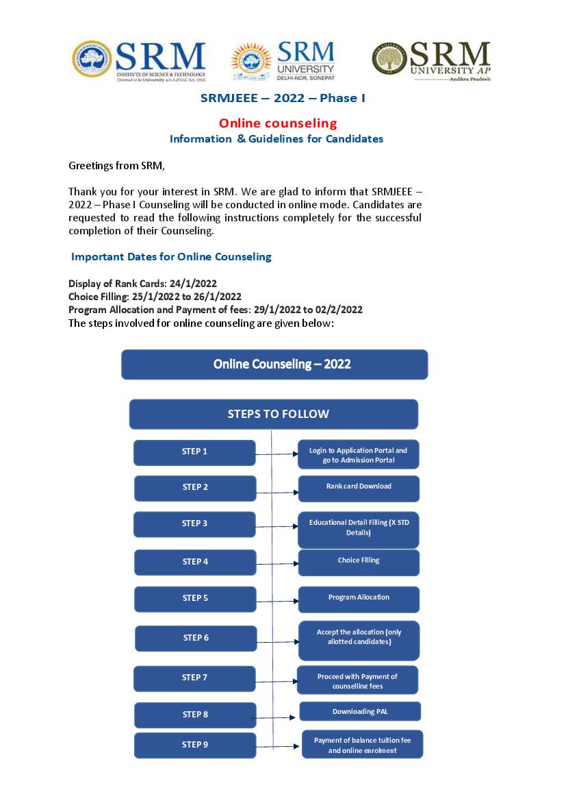 SRMJEEE 2022 Counselling Guideline Notice - Page 1