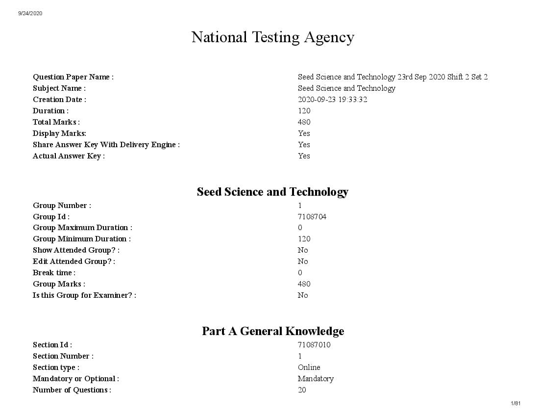 AICE JRF SRF 2020 Question Paper Seed Science and Technology - Page 1 of 81