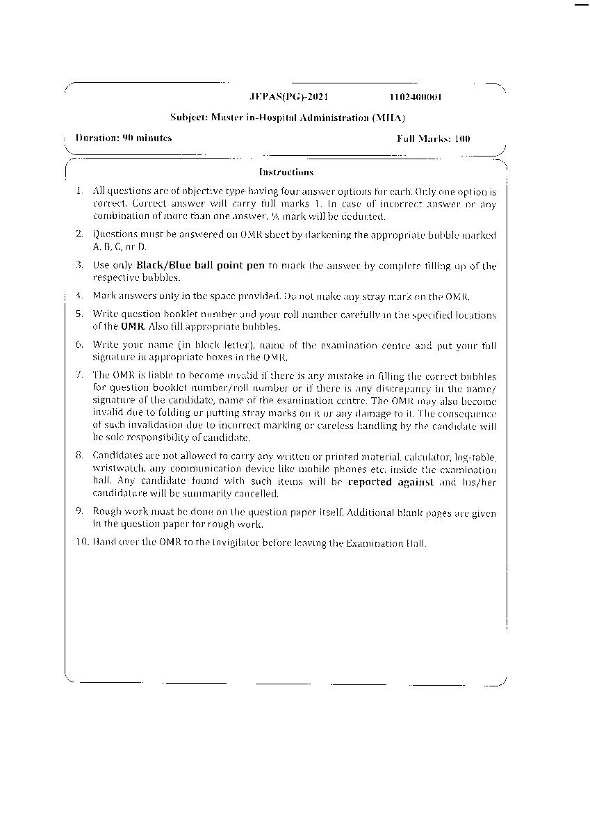 JEMAS PG 2021 Question Paper MHA - Page 1