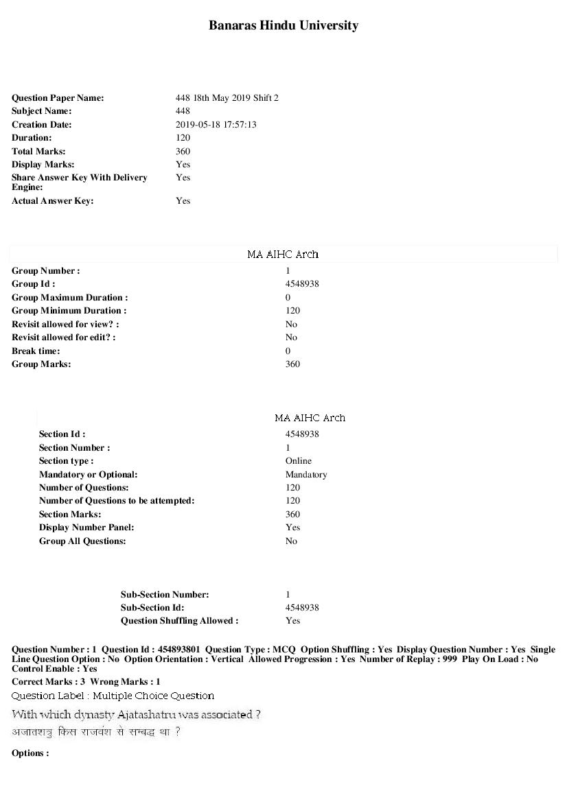 BHU PET 2019 Question Paper MA Aihc - Page 1
