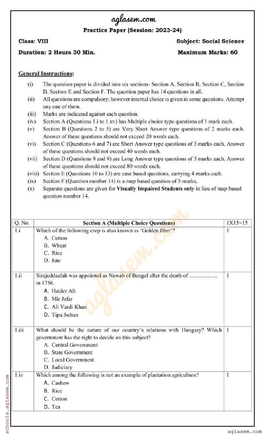 Class 8 Social Science Sample Paper 2024 PDF Download Self Study 