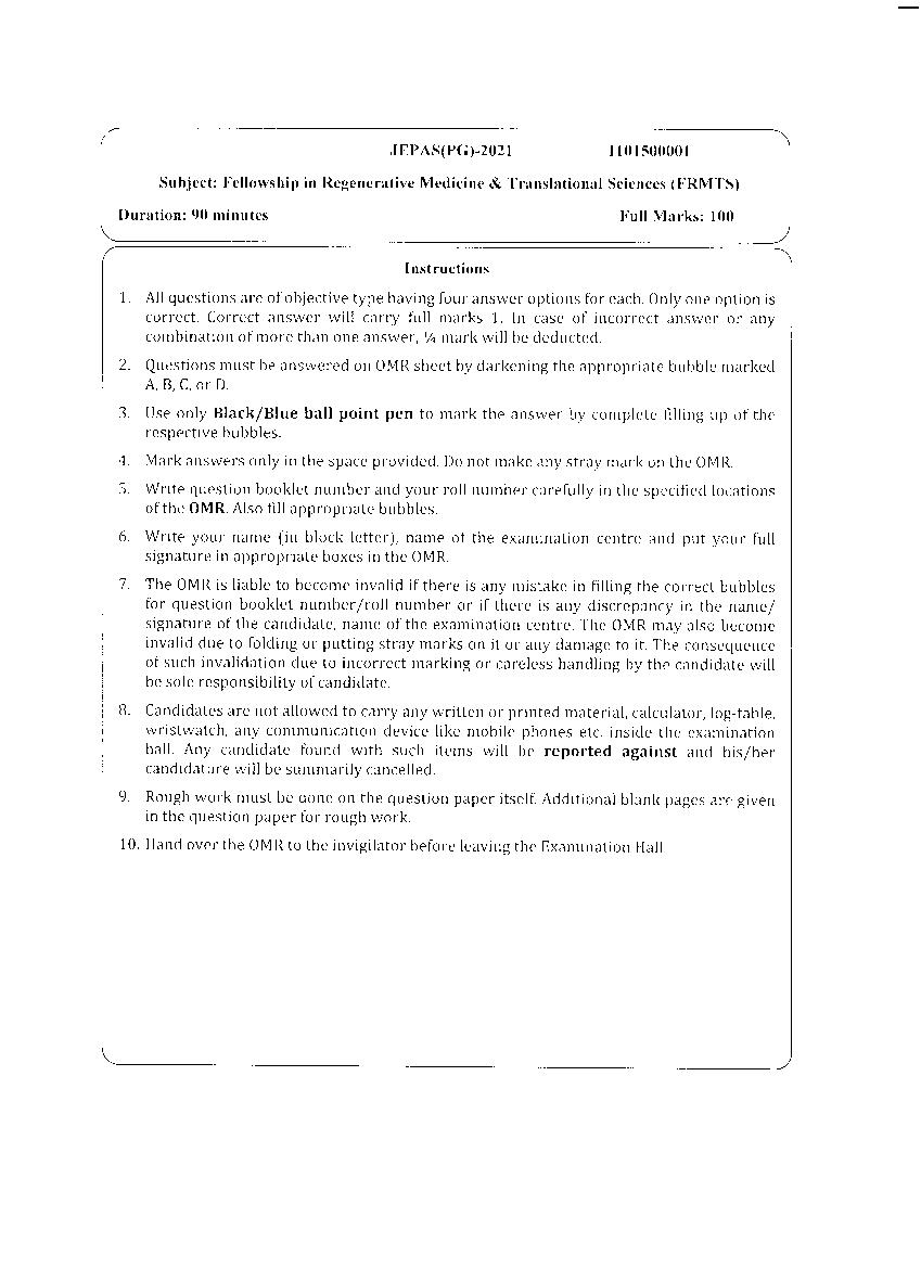 JEMAS PG 2021 Question Paper FRMTS - Page 1