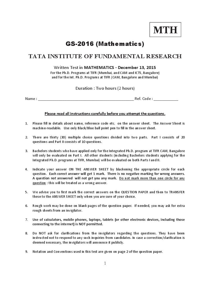 TIFR GS 2016 Question Paper Mathematics - Page 1 of 10