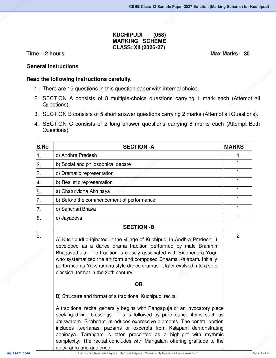CBSE Class 12 Sample Paper 2027 Solution (Marking Scheme) for Kuchipudi - Page 1 of 4