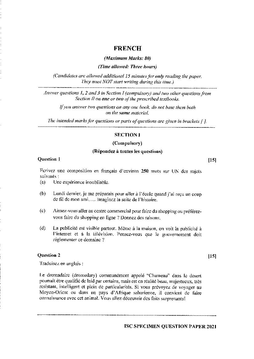 ISC Class 12 Specimen Paper 2021 French - Page 1 of 7